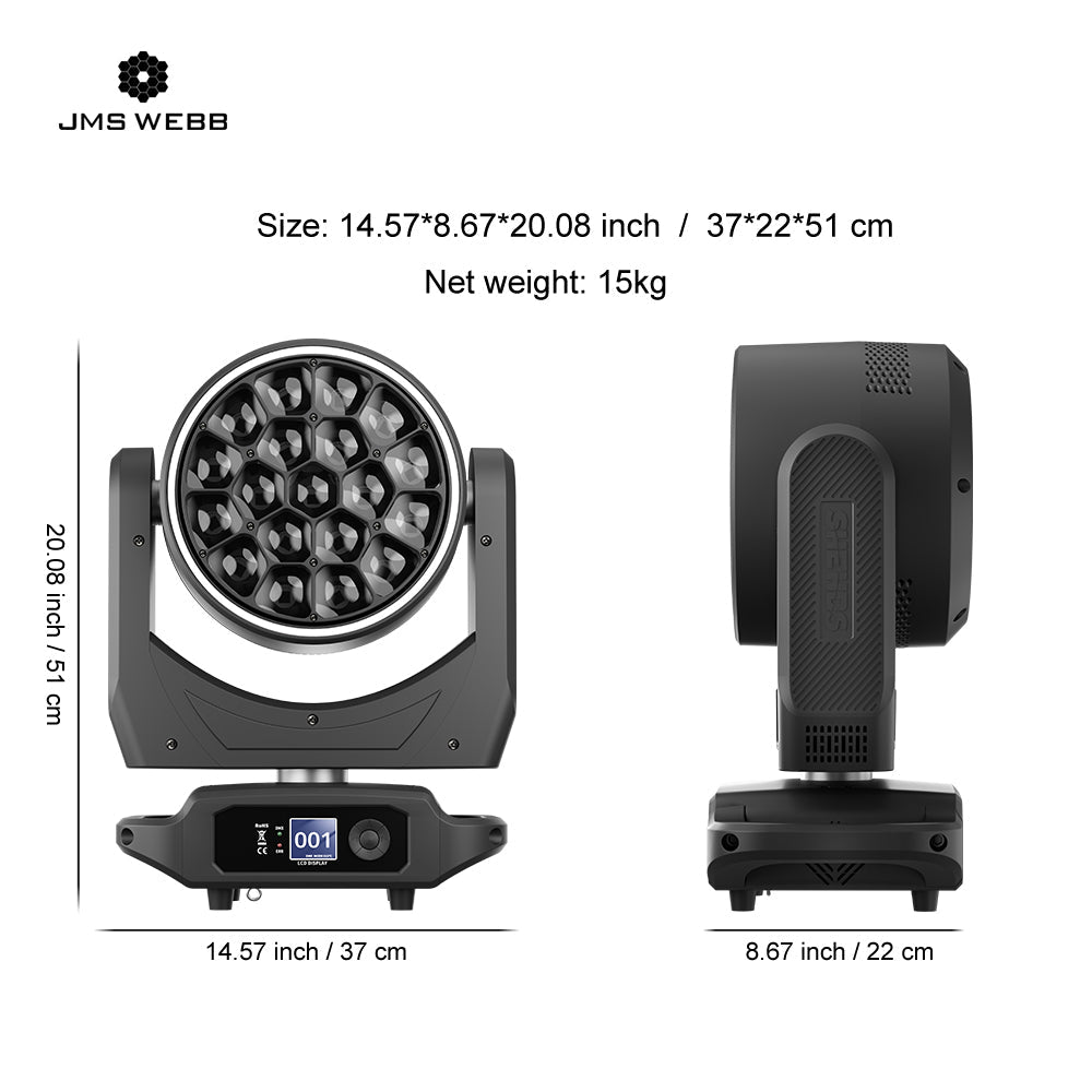 JMS WEBB LED Lyres Bee Eye 19x40W  Zoom&Beam&Wash RGBW 4in1 Éclairage de Scène avec Effets anneau Performance