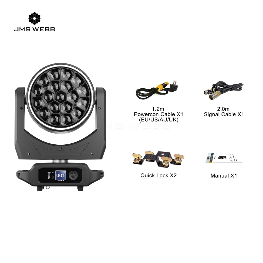 JMS WEBB LED Lyres Bee Eye 19x40W  Zoom&Beam&Wash RGBW 4in1 Éclairage de Scène avec Effets anneau Performance