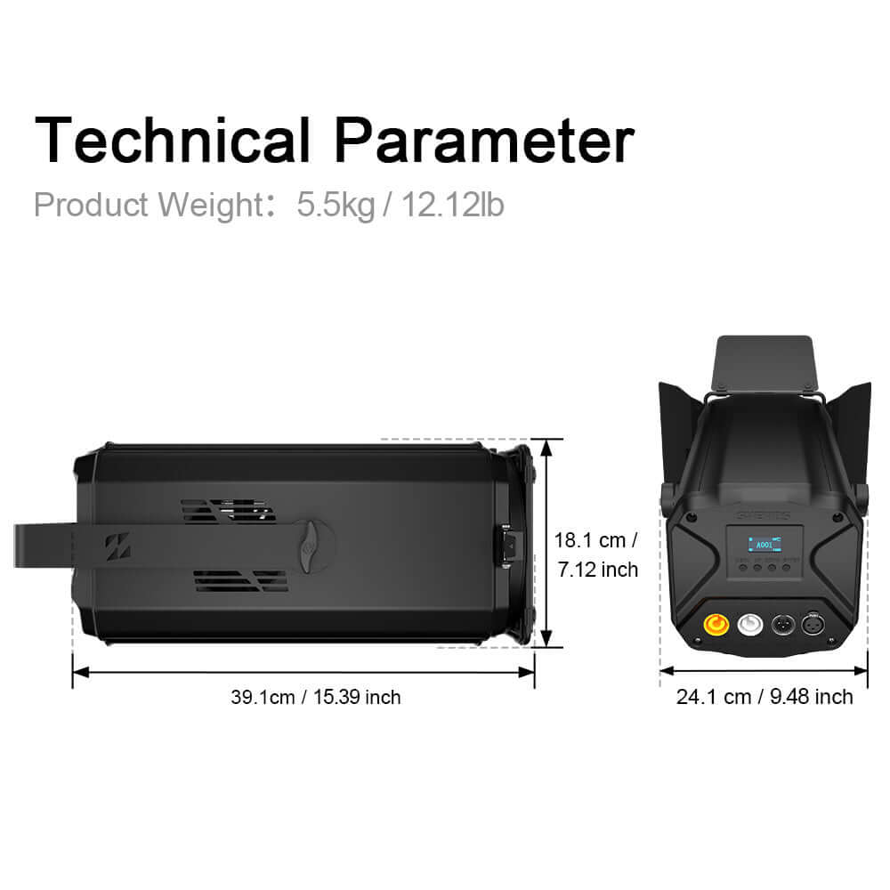 SHEHDS App Control 200W/300W COB Par Light with Barndoor Spot Zoom Stage Light – dimensions and specifications