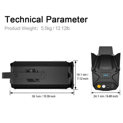 SHEHDS App Control 200W/300W COB Par Light with Barndoor Spot Zoom Stage Light – dimensions and specifications
