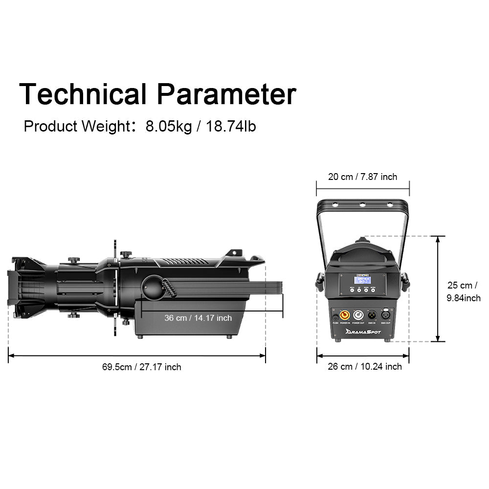 Projecteur à profil à foyer fixe LED LEKO 250W/350W - RGBWAUV/RGBLAC/RGBW/RGBL/Blanc chaud + Blanc froid | Grilles à lamelles manuelles à quatre feuilles