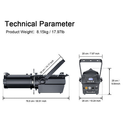 Projecteur LED à Zoom Optique LEKO 250W/350W LED RGBWAUV/RGBLAC/RGBW/RGBL/Blanc Chaud+Froid avec Volets Manuels à Quatre Lames – Lumière Barrière