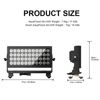 SHEHDS ShockCore Waterproof LED 44x10W RGBW Flood Light-Frost Lens Zero Noise Outdoor – dimensions and specifications