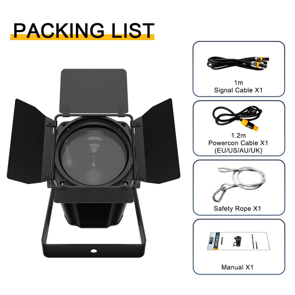 SHEHDS App Control 200W/300W COB Par Light with Barndoor Spot Zoom Stage Light – package contents