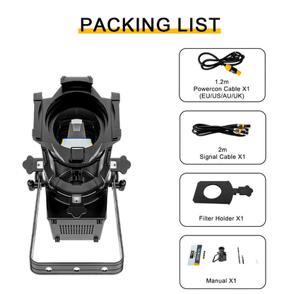 Projecteur à profil à foyer fixe LED LEKO 250W/350W - RGBWAUV/RGBLAC/RGBW/RGBL/Blanc chaud + Blanc froid | Grilles à lamelles manuelles à quatre feuilles