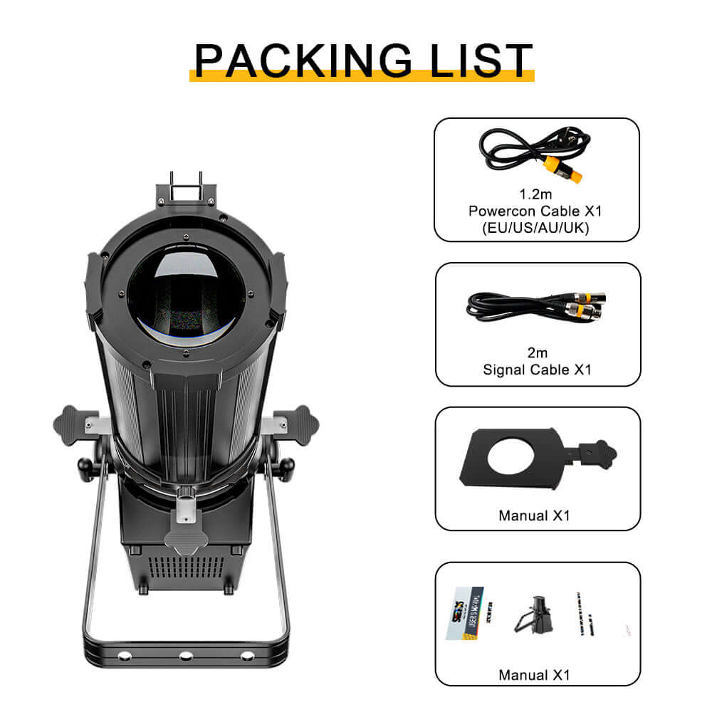 SHEHDS LED Optical Zoom LEKO 350W LED RGBW/Warm+Cool White Profile Spotlight Four-leaf – package contents