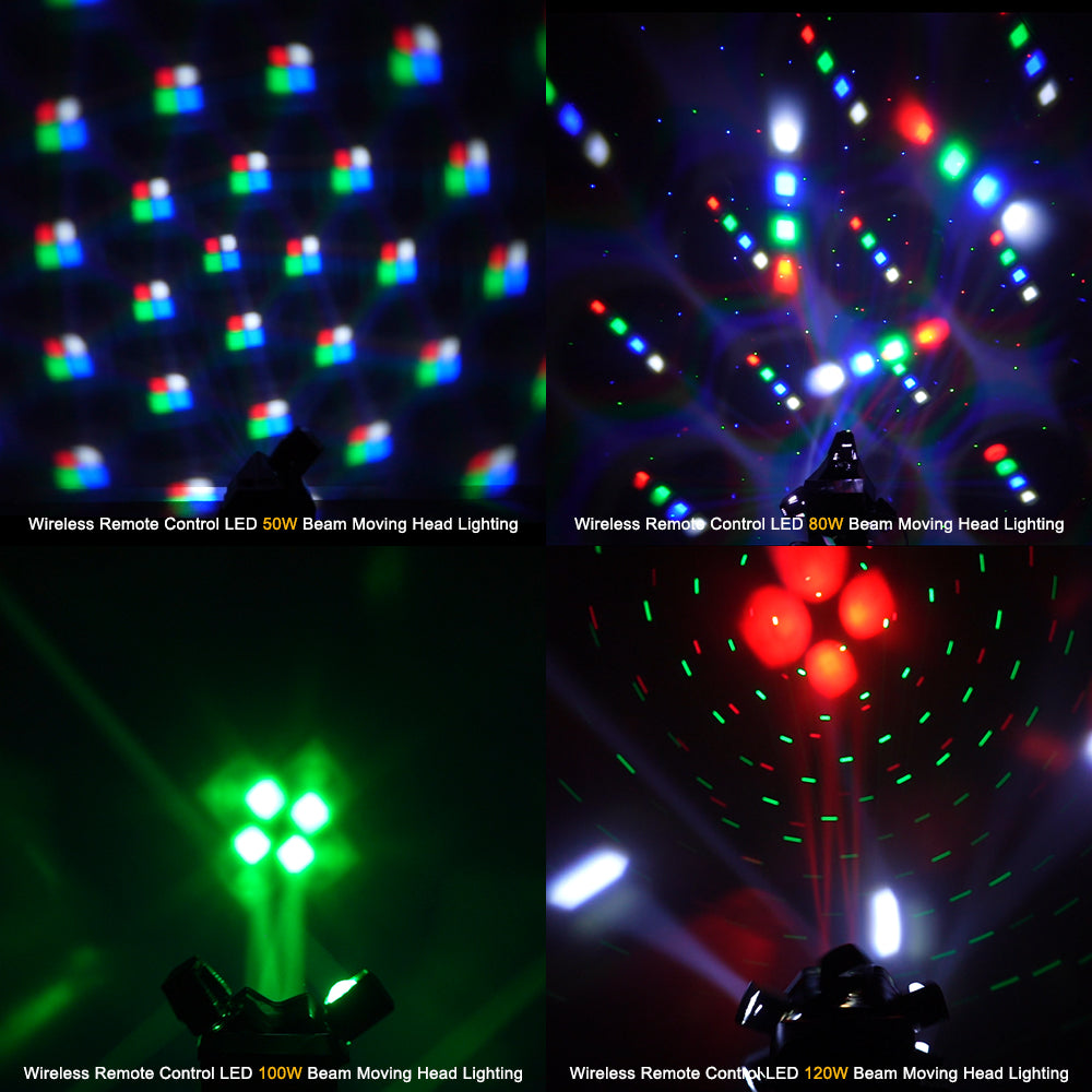 SHEHDS Projecteurs Asservis Beam LED 2/3/4/6 Bras 50W/80W/100W/120W RGBW avec Télécommande Sans Fil pour Éclairage de Scène, Soirées, Bars et DJs