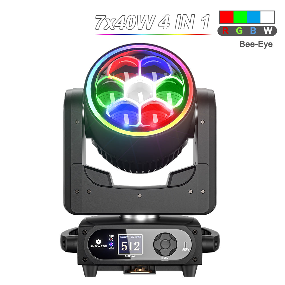 SHEHDS Projecteur asservi Bee Eye 7×40 W avec zoom et fonction wash – éclairage de scène RGBW / RGBL / RGBLAC