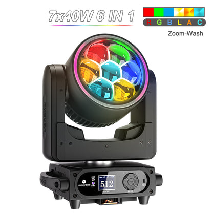 SHEHDS Projecteur asservi Bee Eye 7×40 W avec zoom et fonction wash – éclairage de scène RGBW / RGBL / RGBLAC