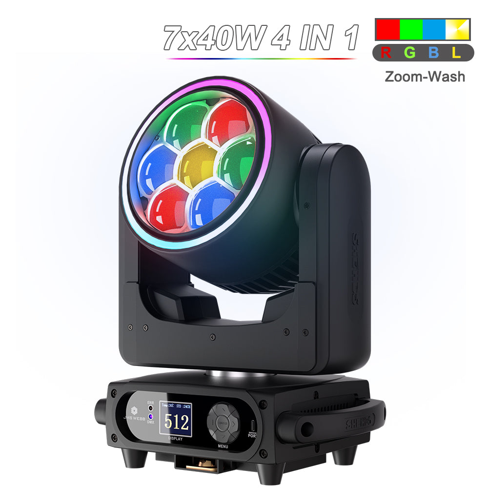 SHEHDS Projecteur asservi Bee Eye 7×40 W avec zoom et fonction wash – éclairage de scène RGBW / RGBL / RGBLAC