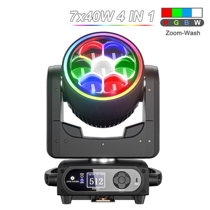 SHEHDS Projecteur asservi Bee Eye 7×40 W avec zoom et fonction wash – éclairage de scène RGBW / RGBL / RGBLAC